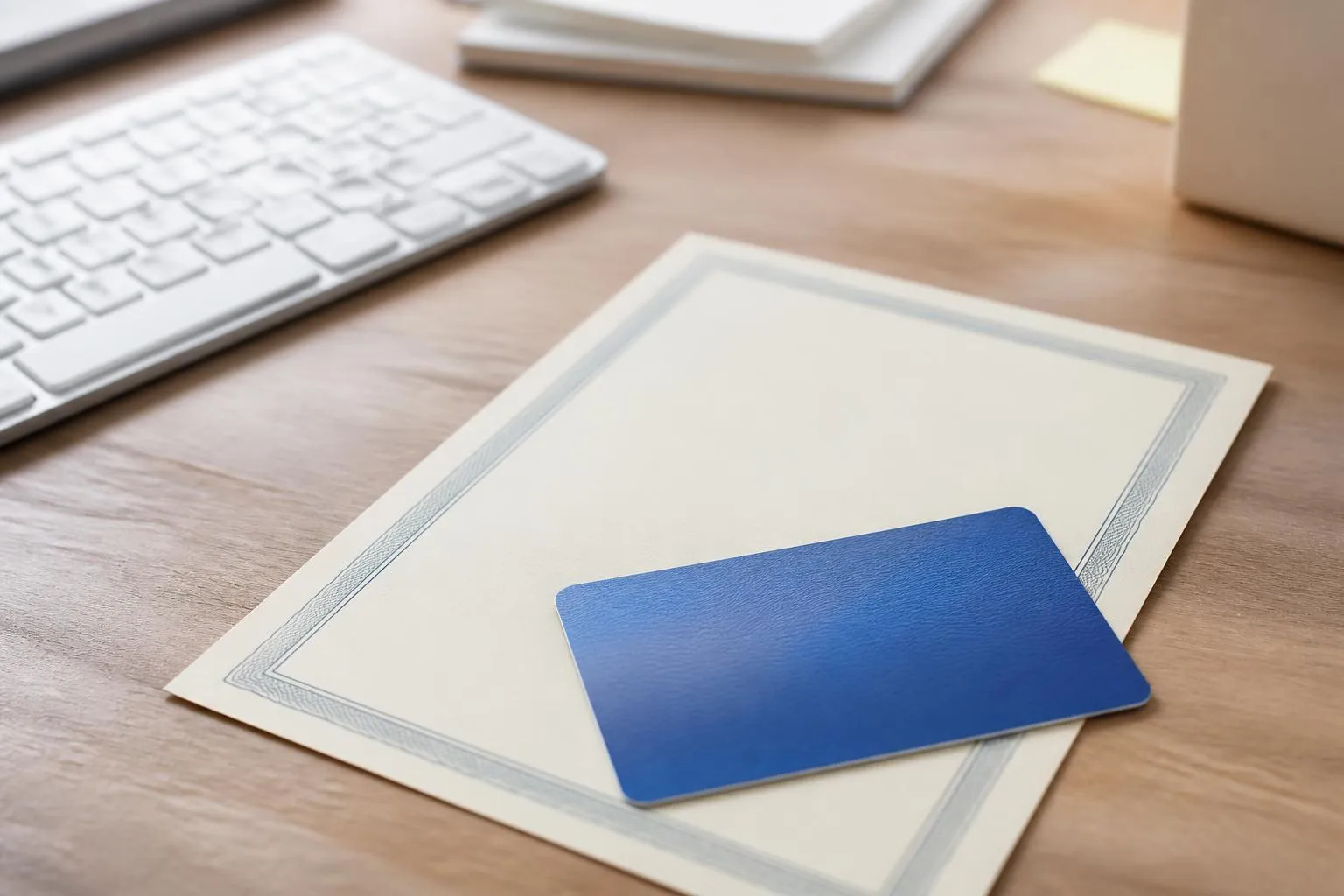 Une attestation de paiement et une carte d'adhérent posées sur un bureau, à côté d'un clavier d'ordinateur