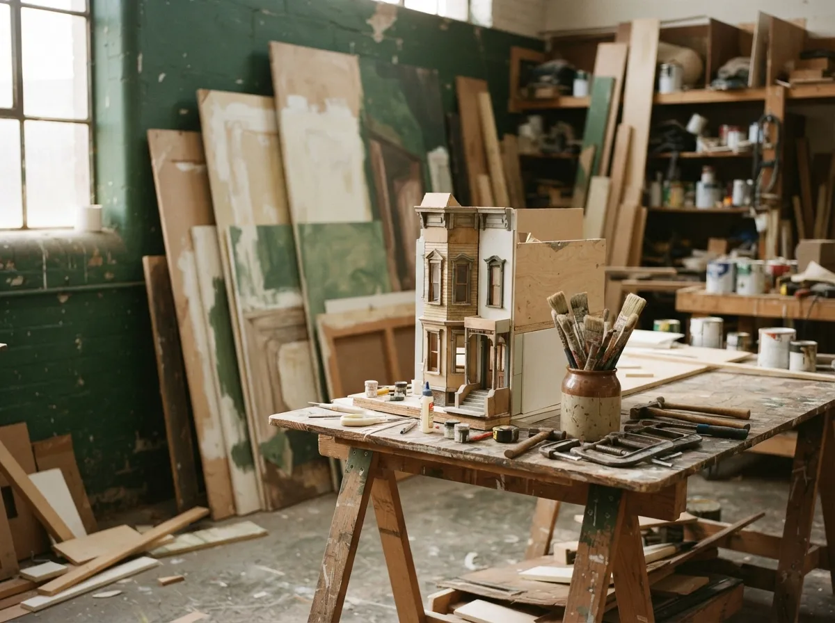 Atelier de décors : châssis peints, serre-joints et maquette en construction