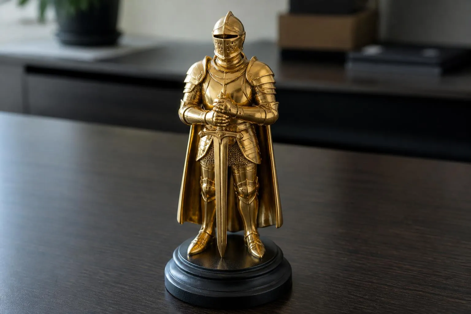 Une statuette dorée en forme de chevalier, posée sur un socle noir